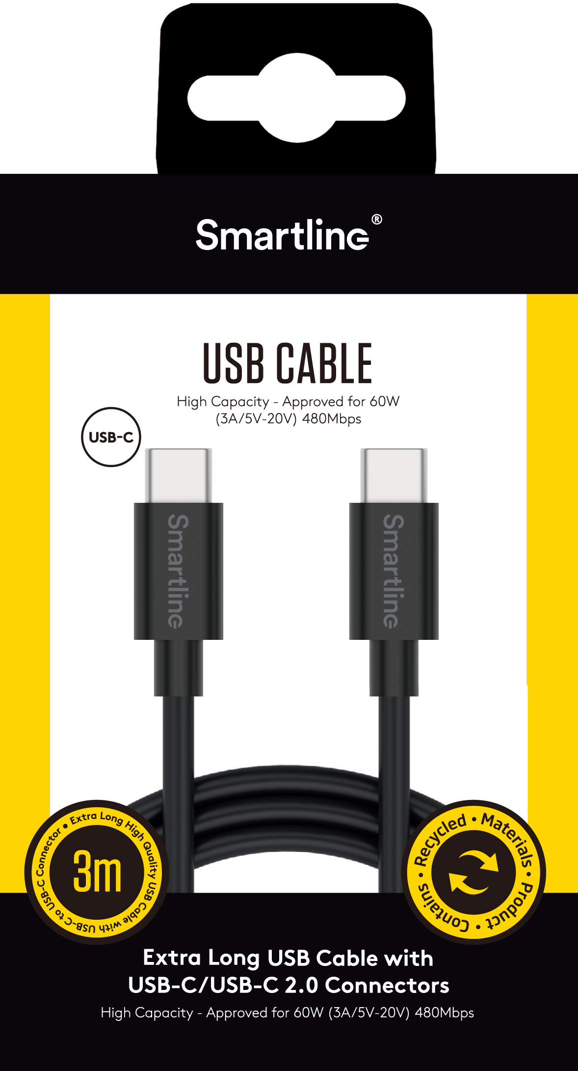 USB Cable USB-C -> USB-C 3m sort