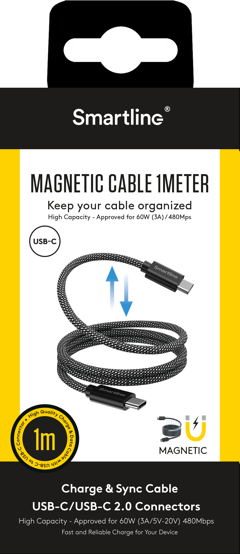 Magnetisk USB-C til USB-C kabel 1m sort