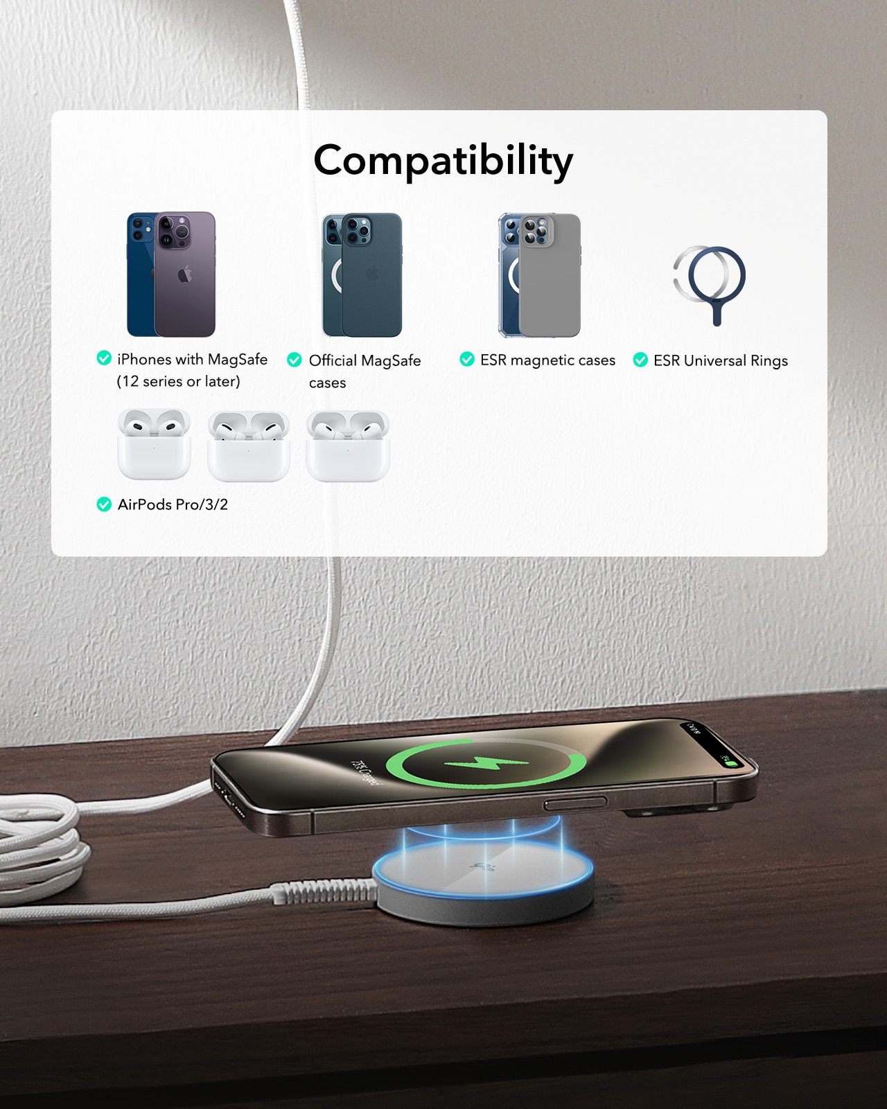 HaloLock Mini Qi2 MagSafe Magnetic Wireless Charger sølv