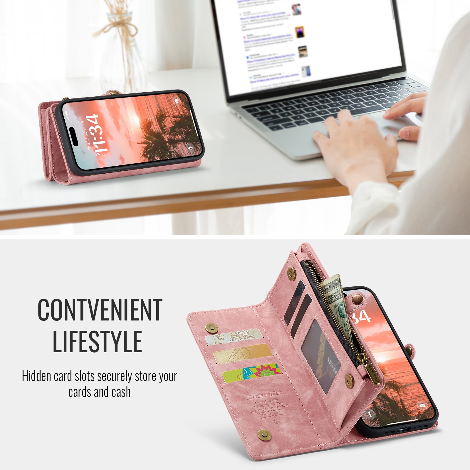 Multi-slot Mobiltaske iPhone 16 Plus lyserød