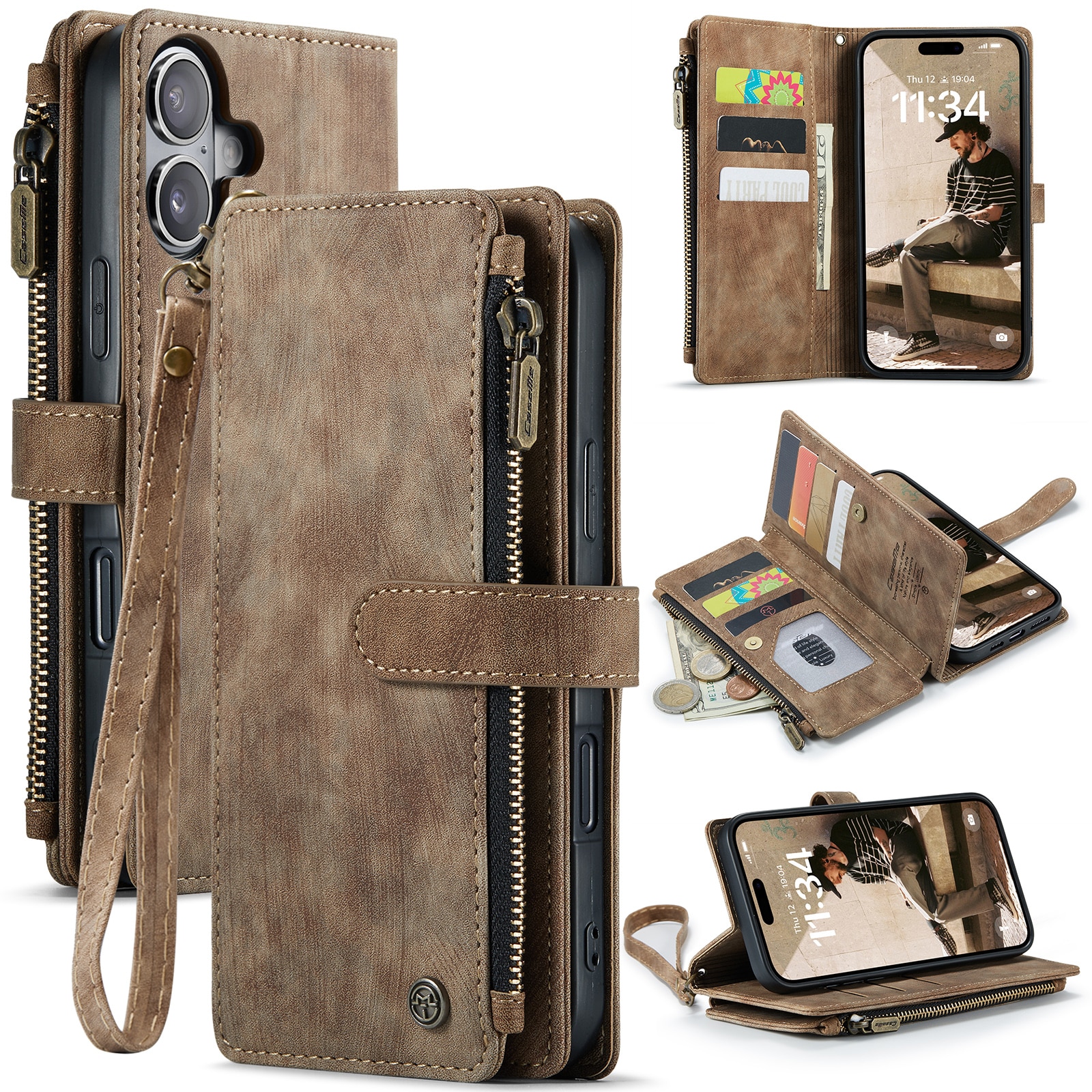 Zipper Wallet iPhone 16 Brun