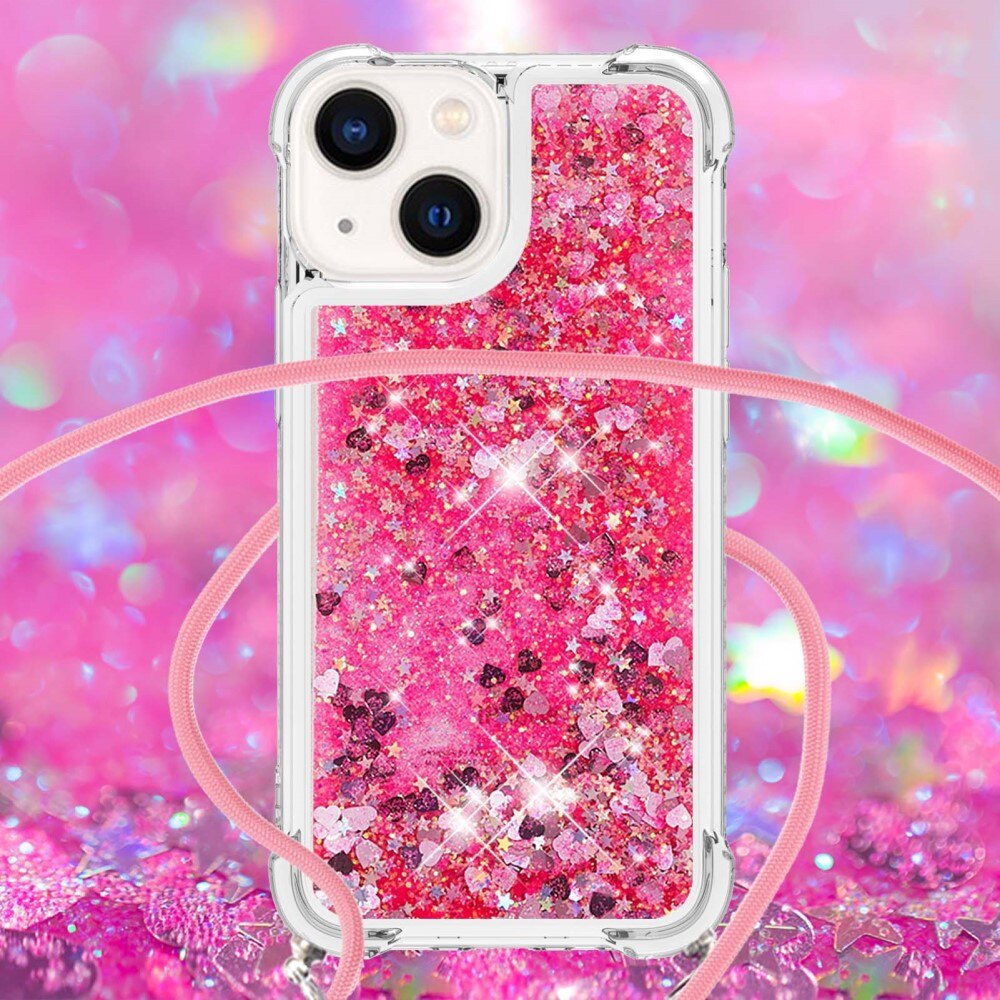 Glitter Powder TPU Cover halskæde strop iPhone 15 lyserød