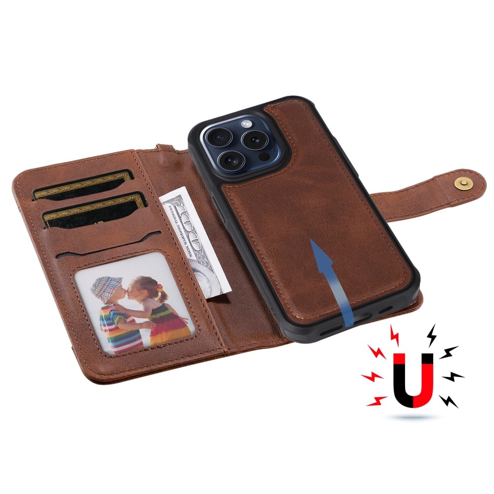 Magnet Leather Wallet iPhone 15 Pro brun