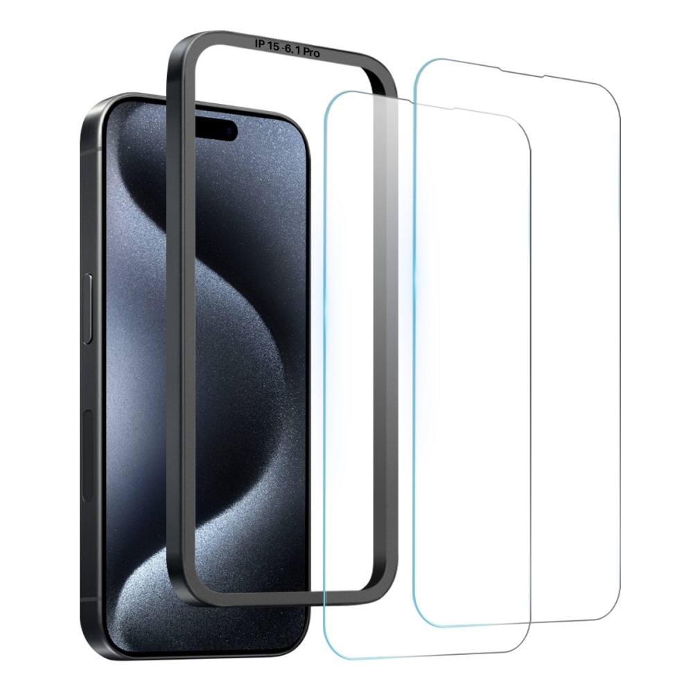 Hærdet Glas Skærmbeskytter monteringsramme iPhone 15 Pro (2-pack)