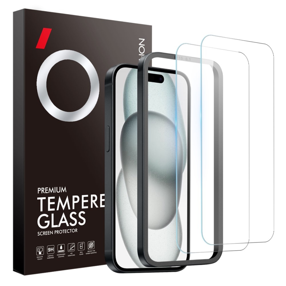 Hærdet Glas Skærmbeskytter monteringsramme iPhone 15 (2-pack)