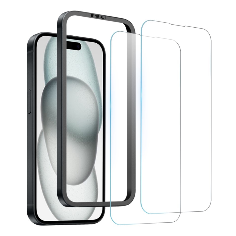 Hærdet Glas Skærmbeskytter monteringsramme iPhone 15 (2-pack)