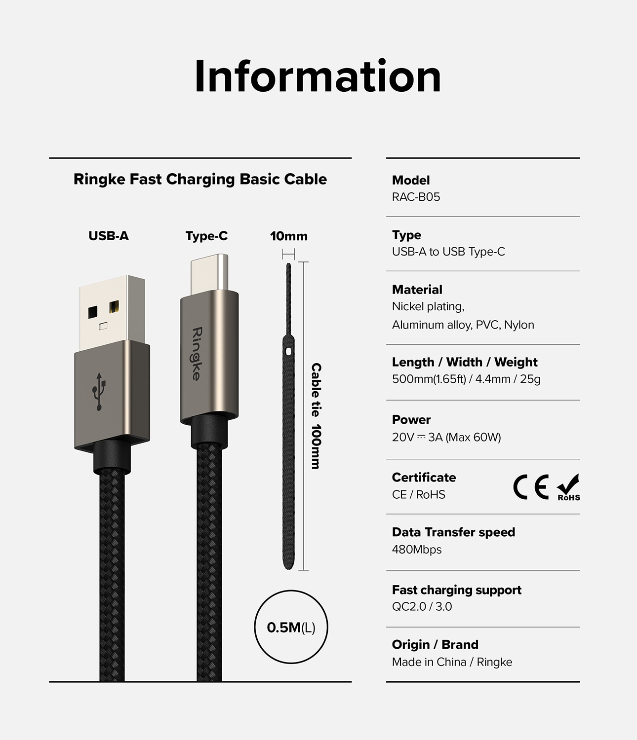 Fast Charging Basic Kabel USB-A -> USB-C 0,5m sort