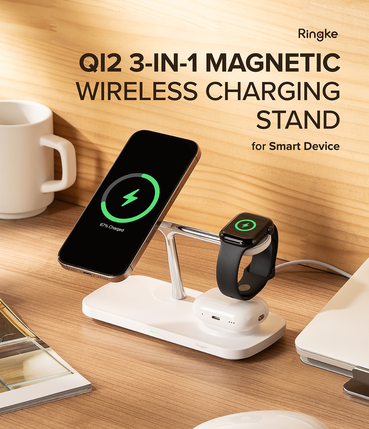 3-in-1 Wireless Charger Stand Qi2 MagSafe hvid